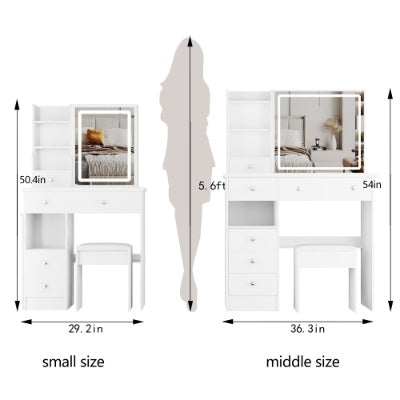 29.2 Small Size Left Drawer Desktop Vanity Table  Cushioned Stool, Large Sliding, Touch Control, Tri-color Switching, Brightness Adjust LED Mirror, High Capacity Storage, Suitable For Small Space