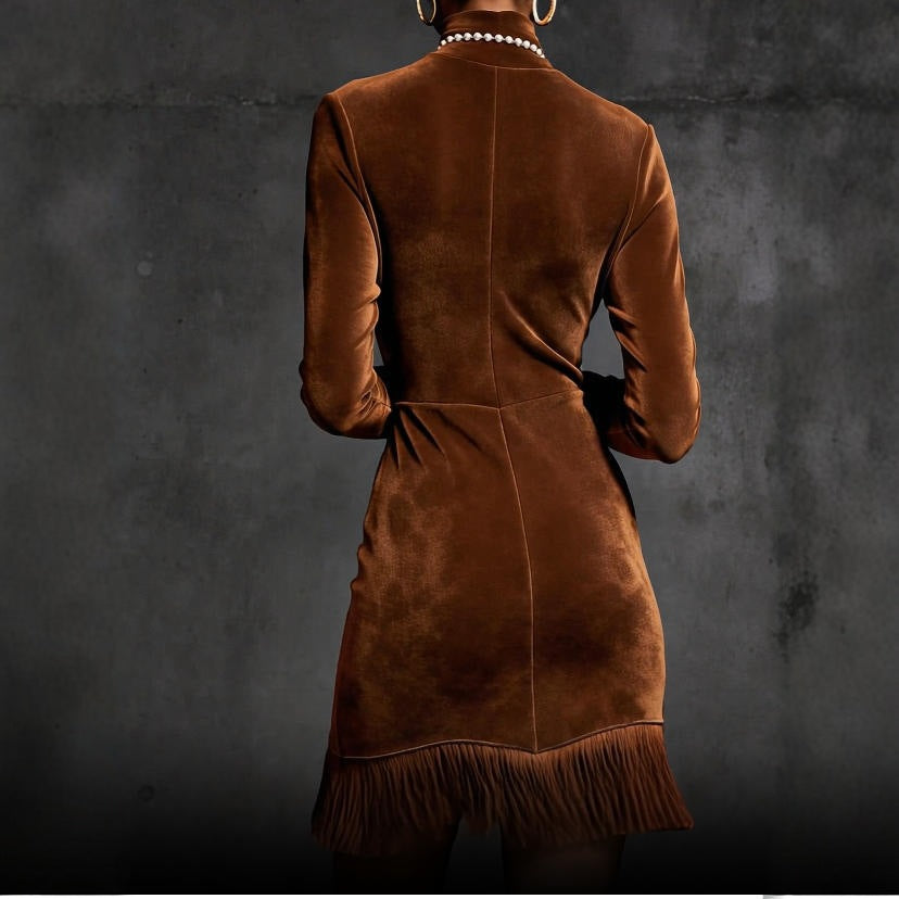 Womens Suede-Like High-Neck Long-Sleeve Tassel Dress