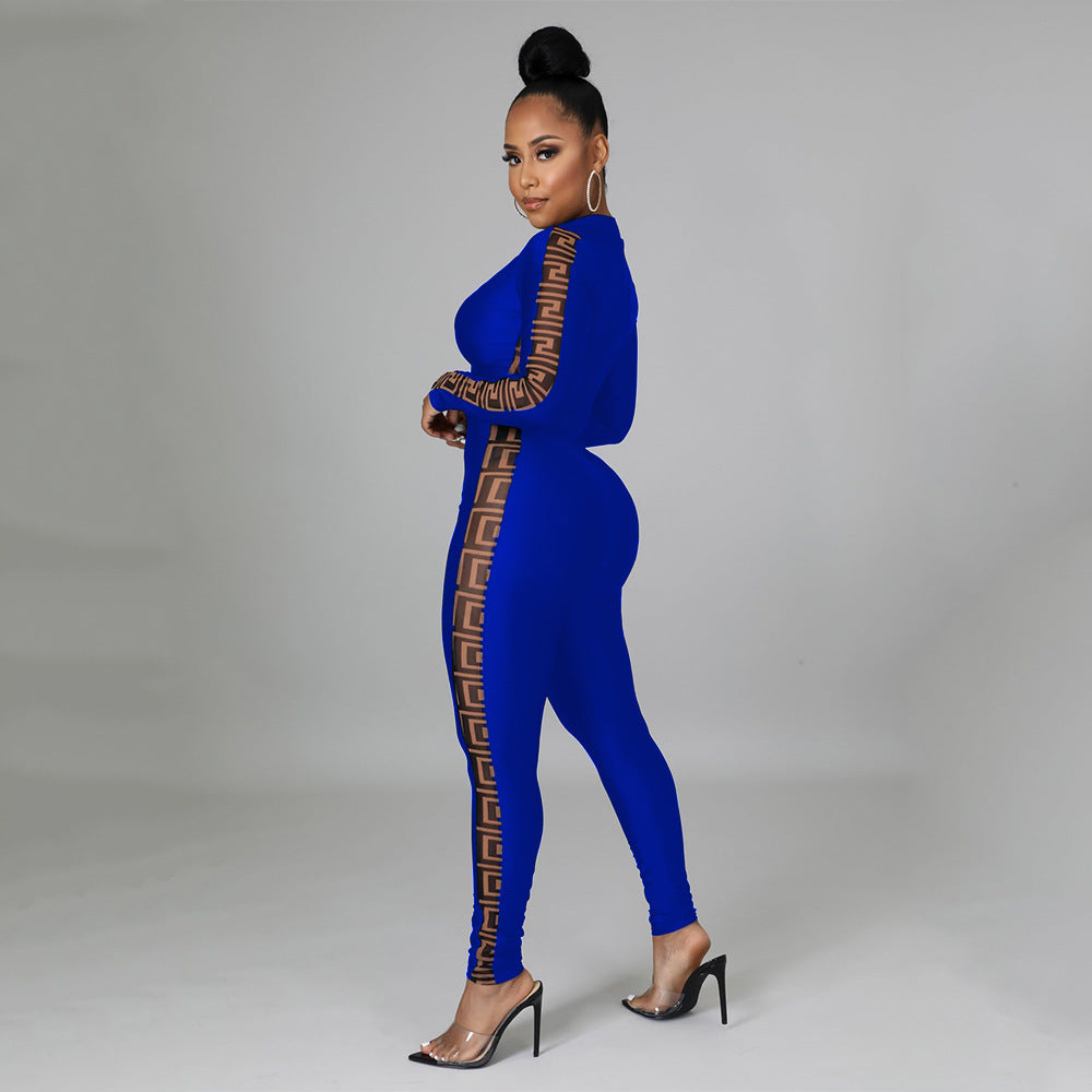 Mesh Print Stitching Long-Sleeved Jumpsuit