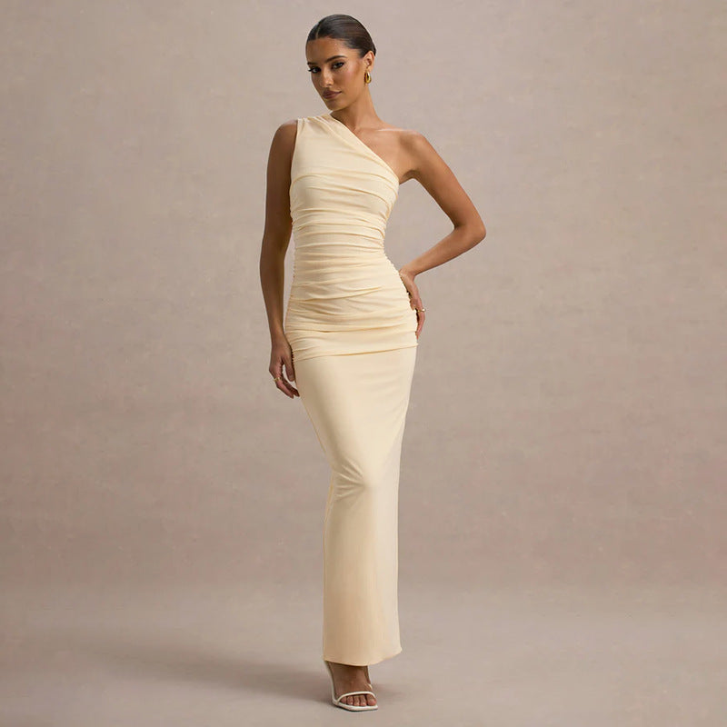 New Solid-color Ruched Off-shoulder Elegant Dress