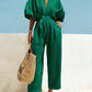 Fashionable V-Neck Solid Color Cotton-Linen Jumpsuit For Women