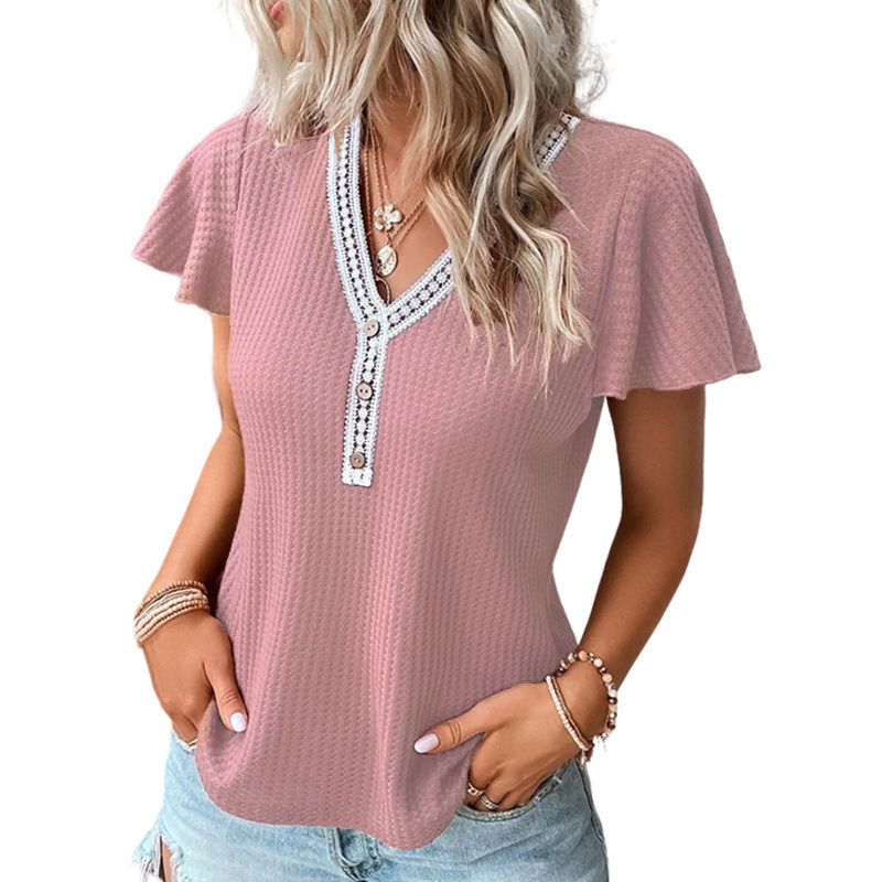 Waffle V-neck Short-sleeved T-shirt