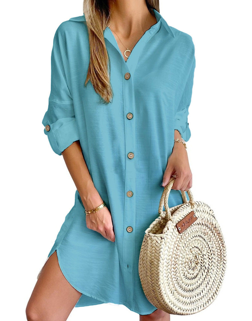 Robe chemise boutonnée à manches longues et revers pour femme, vêtement d'automne décontracté
