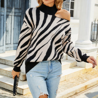 Pull à col mi-haut et manches longues à motif tigre Pull à épaules dénudées
