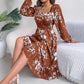 Elegant Flowers Square Collar Long Sleeve Waist Trimming Ruffles A- Line Skirt