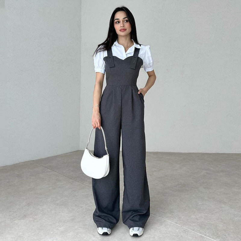 Combinaison pantalon ample taille haute sans manches de couleur unie