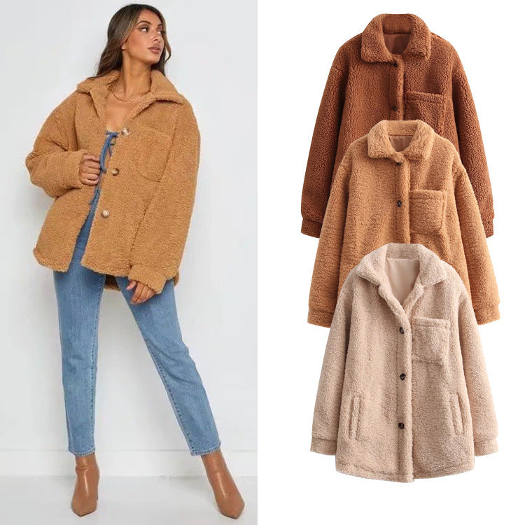 Veste à manches longues en peluche de couleur unie, style hipster de rue