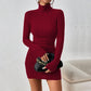 European And American Mature Style Wine Red Dress Autumn And Winter Simple High-neck Versatile Short Skirt