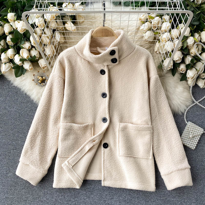 Lamb Wool Jacket Lady With High Collar Button