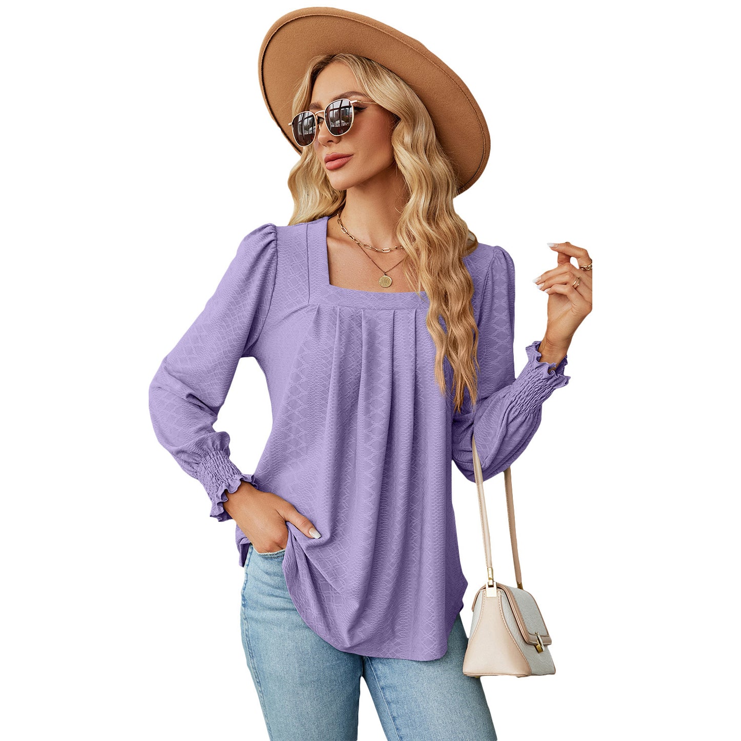 T-shirt jacquard plissé à col carré, couleur unie, manches longues, tendance, vêtements pour femmes