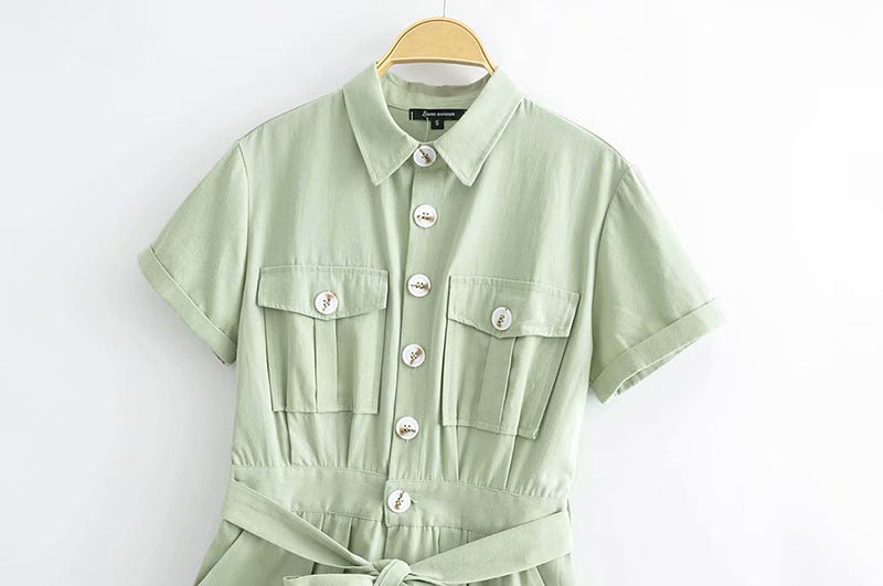 Lace-up waist tooling casual jumpsuit