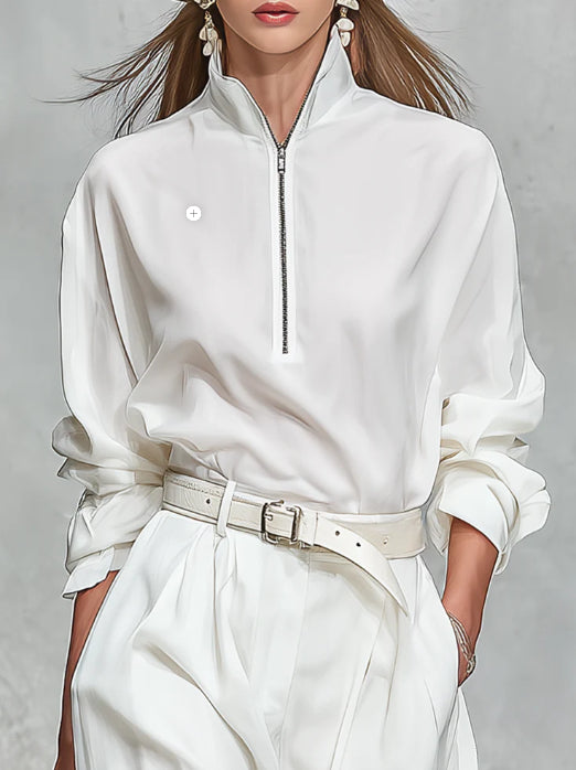Elegant High Quality Zip Up Collar Long Sleeved Shirt And Wide Leg Pants Set