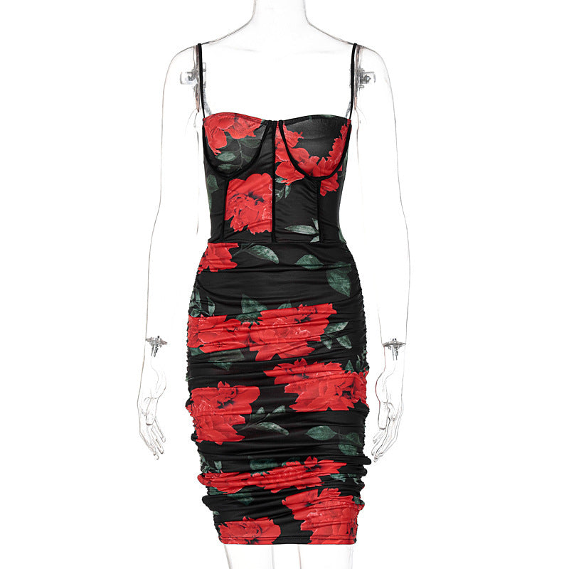 Ladies Printed Net Yarn Printed Sling Dress