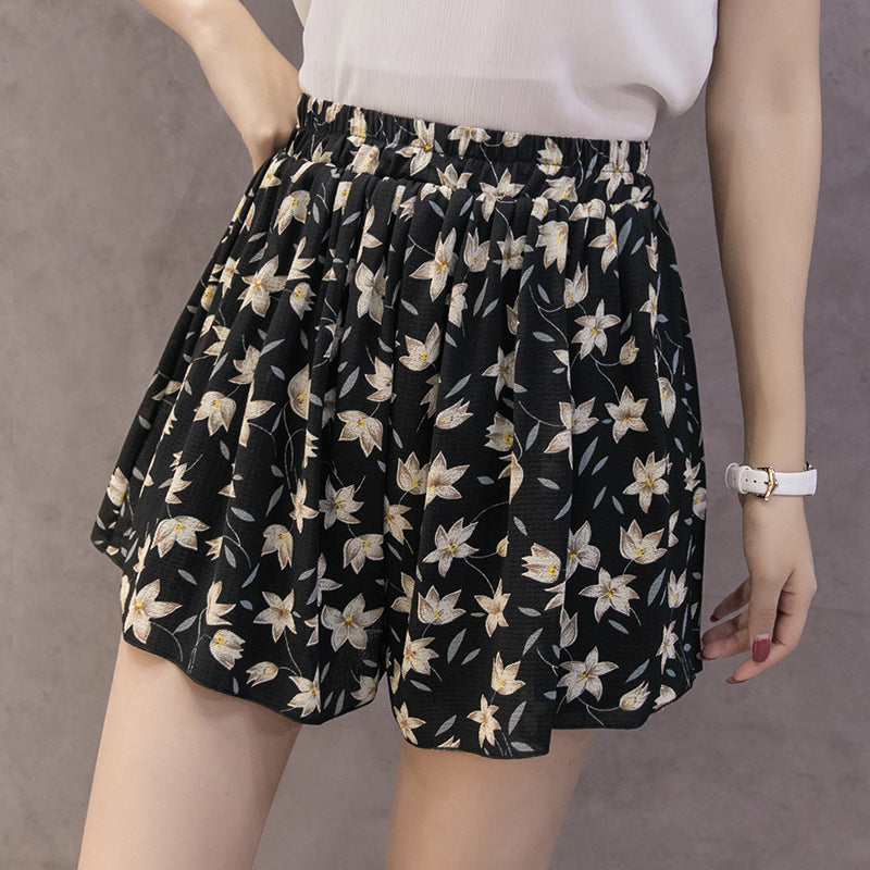 Chiffon large size wide leg pants half length loose printed shorts