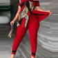 Women's Fashion Casual Slit Diagonal Collar Printing Suit