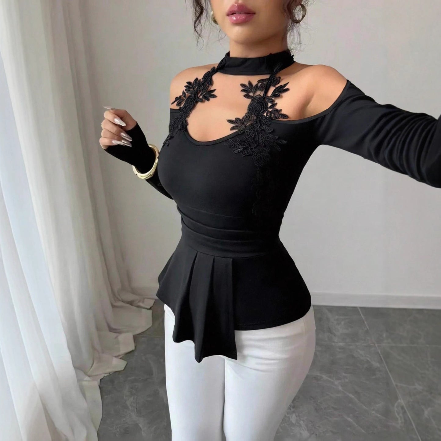 Hollow Out Shoulder-baring Applique Pleated Curved Hem Slim Top