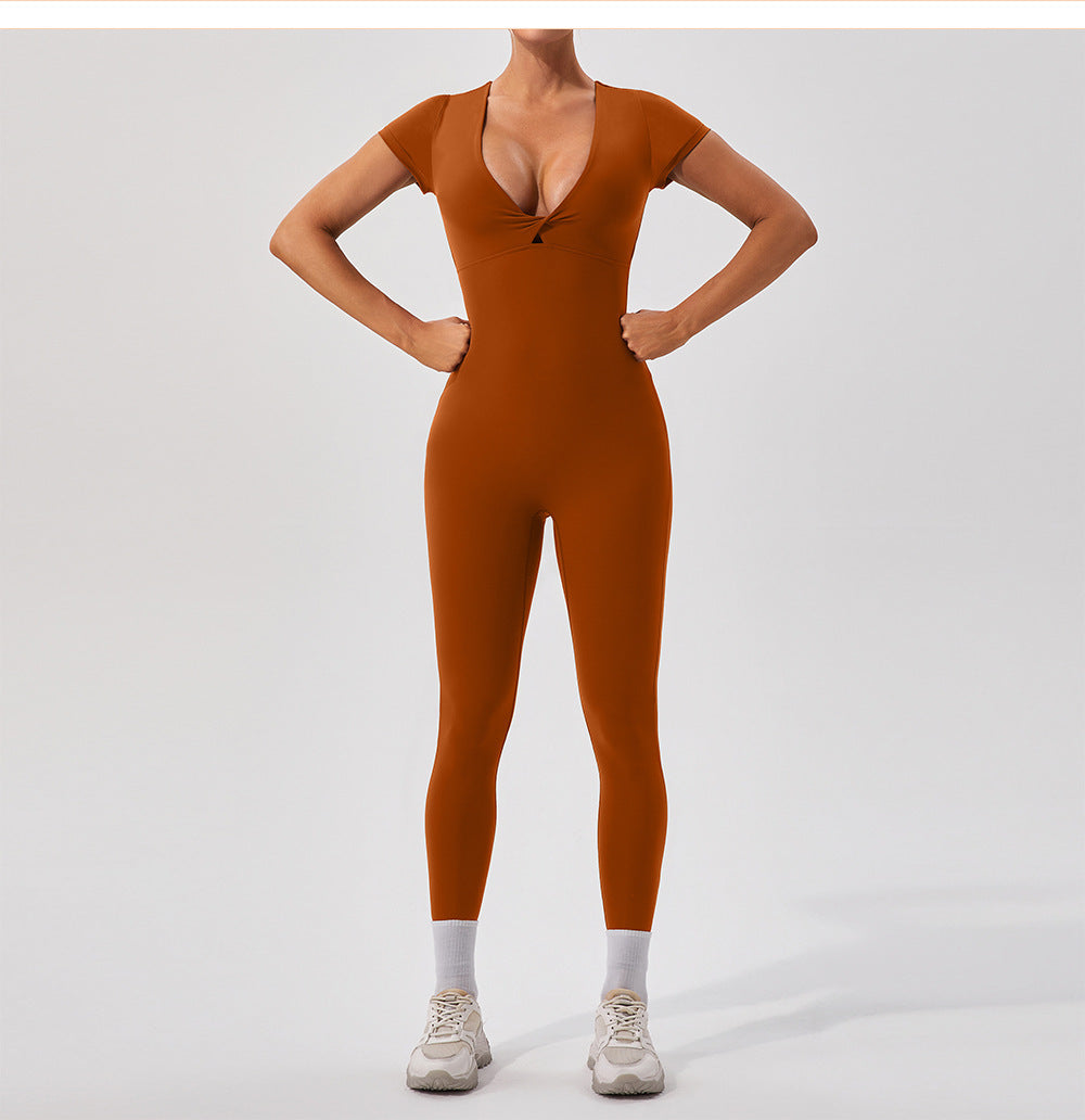 European And American Nude Feel Short Sleeve Yoga Jumpsuit