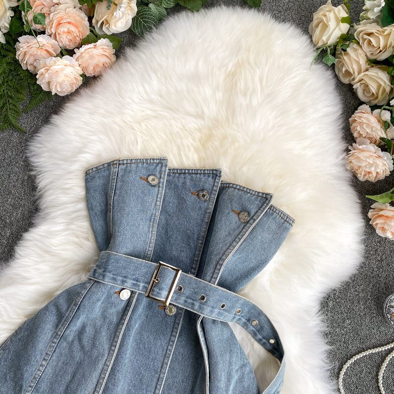Design Sense Female Niche Breasted Splicing Slim Irregular Denim Tube Top Wear