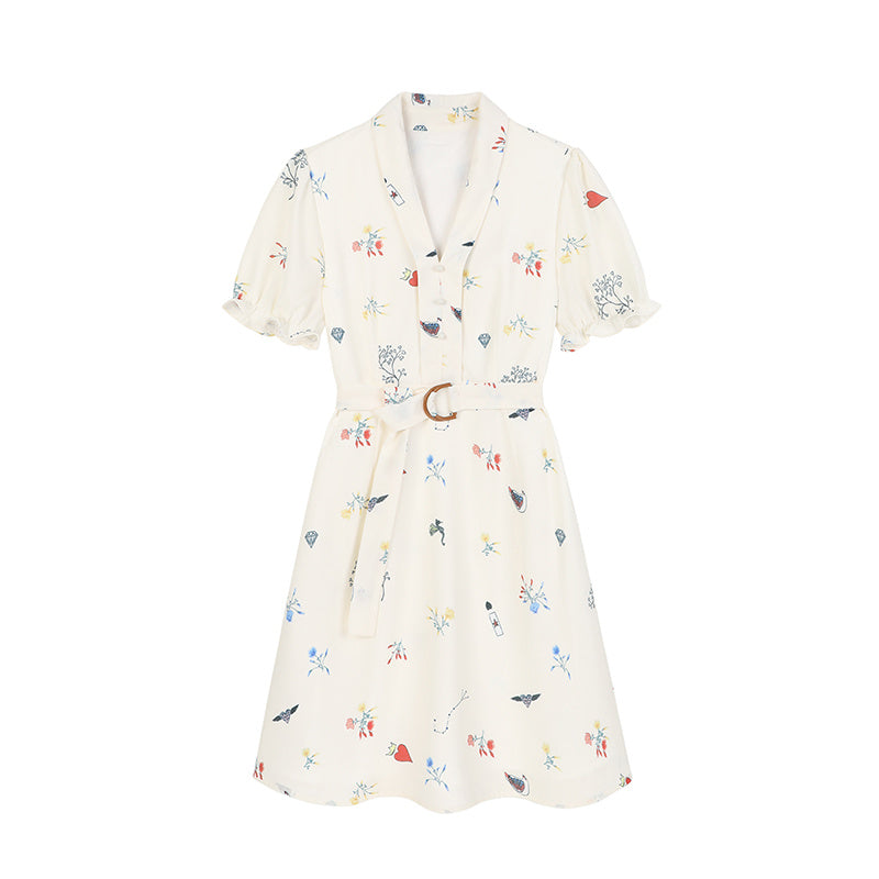 Puff Sleeve Dress, Waist Waist, Thin And Small Printed Bellflower Skirt