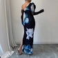 Women's One-shoulder Floral-print Mesh Maxi Dress
