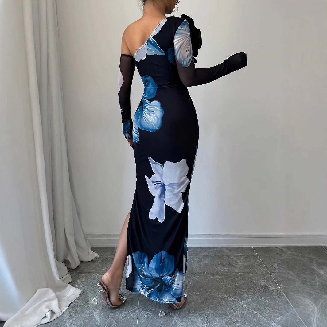 Women's One-shoulder Floral-print Mesh Maxi Dress