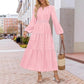 V-neck, Waist-cinched, Layered Puffed-sleeve Dress Fashionable Ruffled Maxi Skirt
