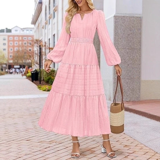 V-neck, Waist-cinched, Layered Puffed-sleeve Dress Fashionable Ruffled Maxi Skirt