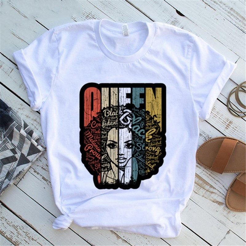 Cartoon African girl print ladies short sleeve T-shirt
