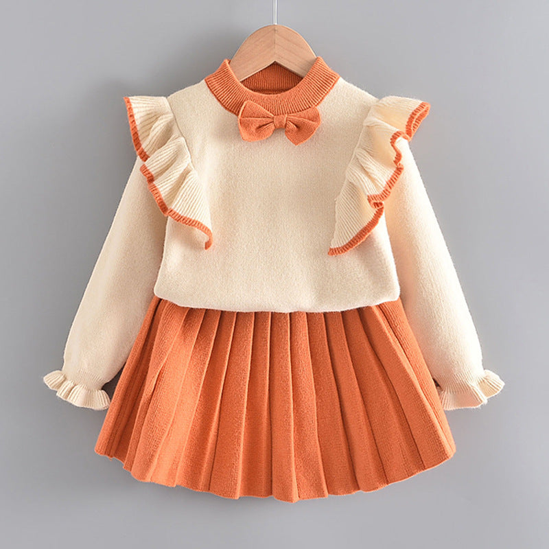 Ensemble pull tricoté à manches volantées pour fille