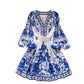 V-neck Lantern Sleeve Pleated A- Line Short Skirt