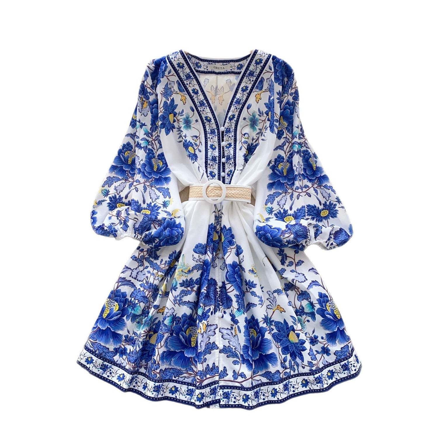 V-neck Lantern Sleeve Pleated A- Line Short Skirt