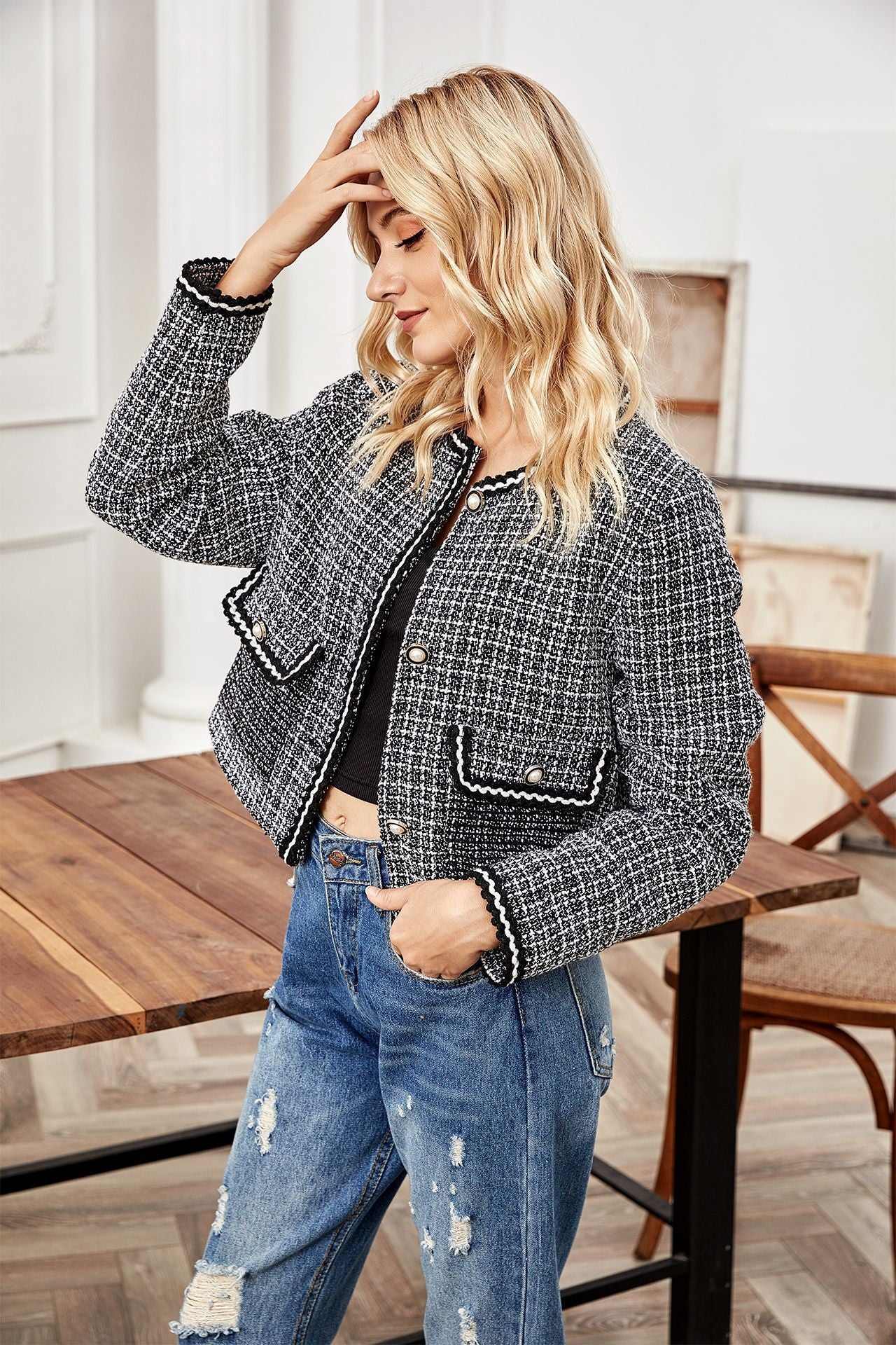 Women's long-sleeved loose little fragrant short coat