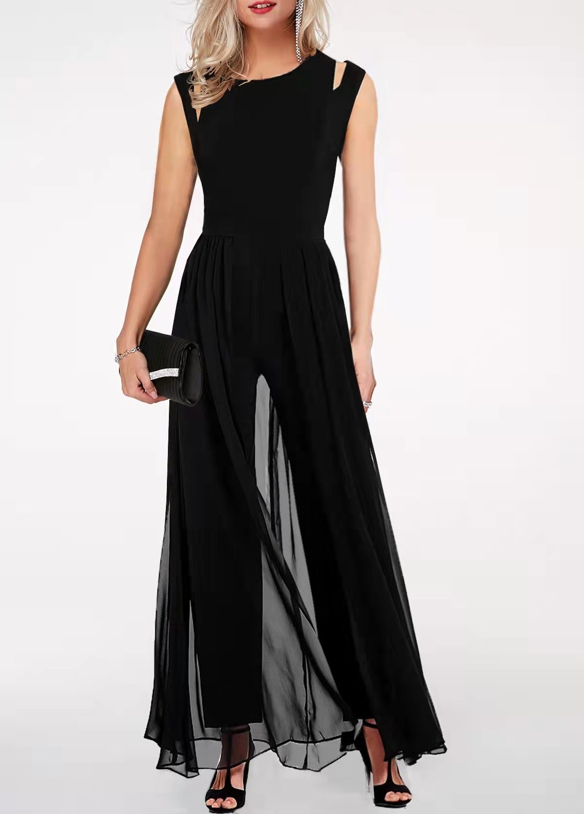 Women's Stitching One-piece Slim-fit Round Neck Sleeveless Solid Color Jumpsuit