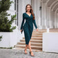 Solid Color V-neck Waist-controlled Slimming Split Long Sleeve Dress