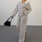 Striped Lapel Fashionable Knitted Loose Long Sleeve Top Casual Trousers Suit