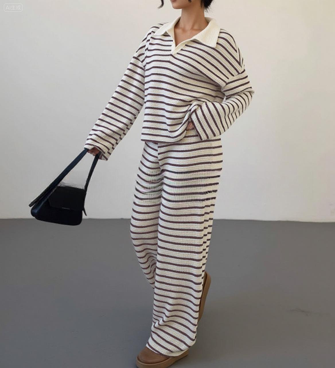 Striped Lapel Fashionable Knitted Loose Long Sleeve Top Casual Trousers Suit