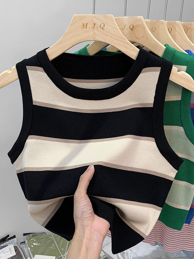 Women's Slim And Slim Knitted Contrast Color Striped Vest