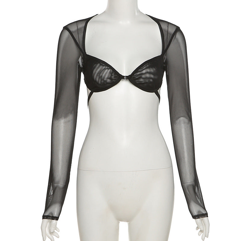 Women's Long-sleeved Square-neck Umbilical Mesh See-through Bottoming Slim T-shirt