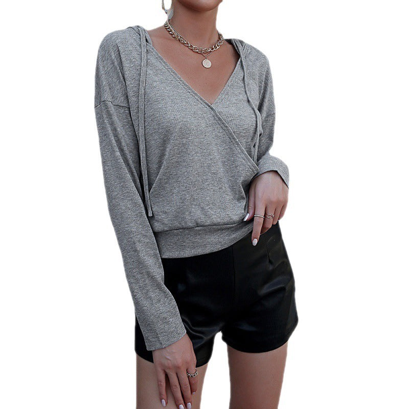 V-neck Long-sleeved Pullover Hooded Casual Sweater