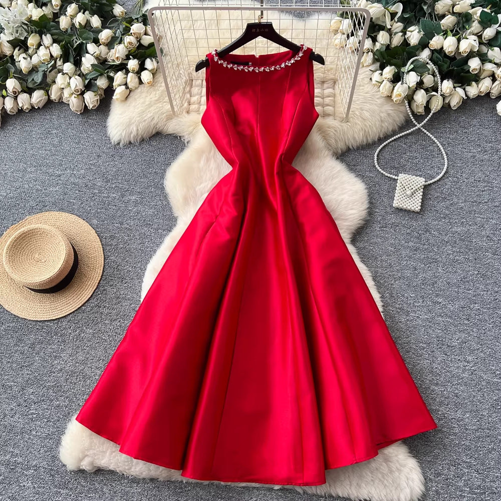 Elegant Sleeveless Diamond-Embellished Glossy A-Line Dress For Women