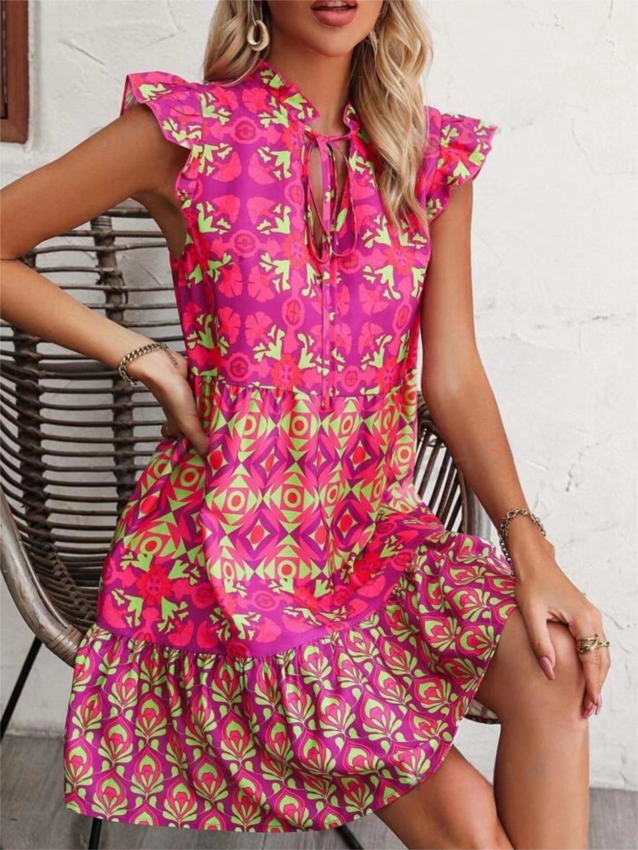 Robe imprimée sans manches, mode estivale, col en V, lacets, droite, vêtements pour femmes