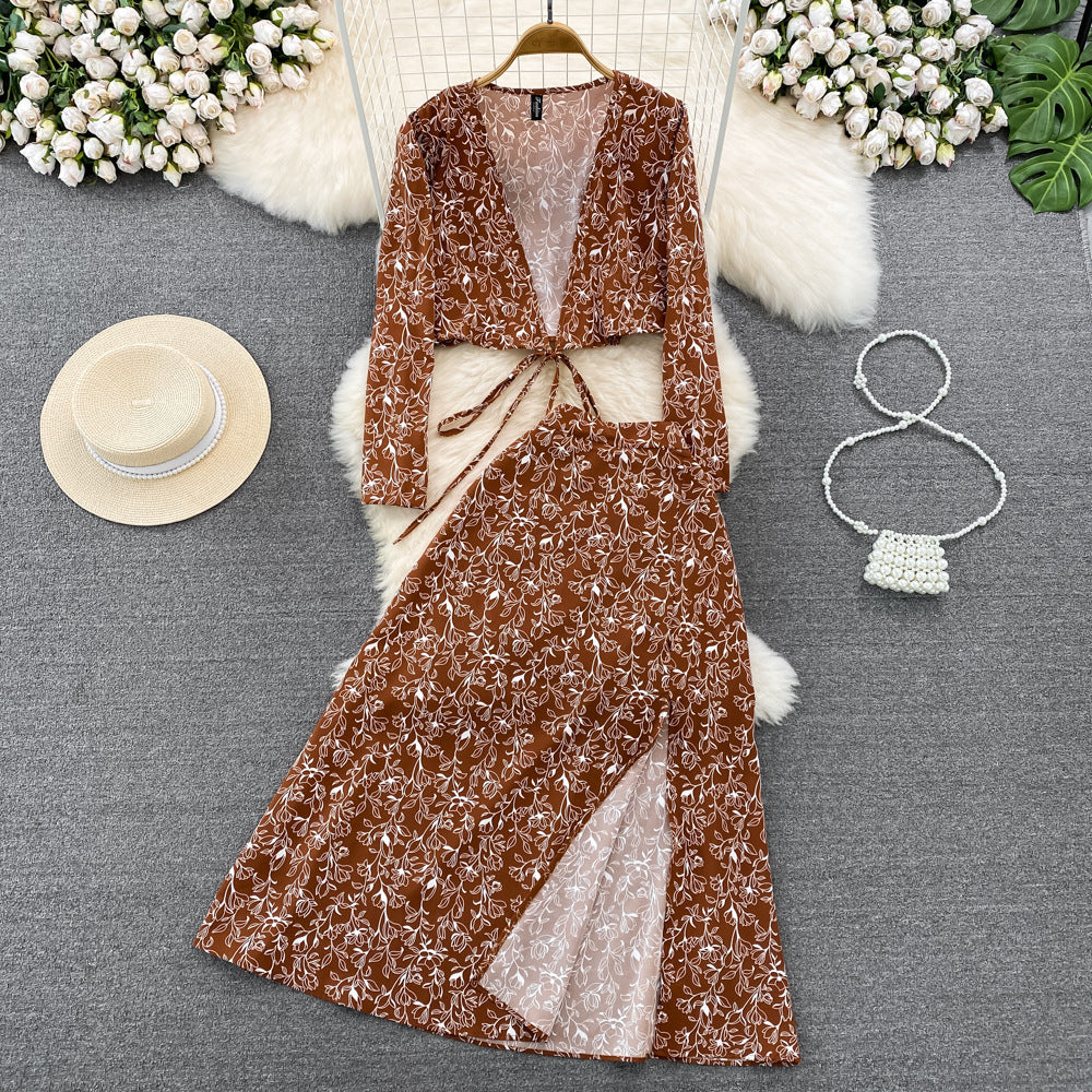 European And American-style Long-sleeve Deep V-neck Tie-up Top Two-piece Set