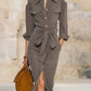 Womens Retro-Style Lapel-Neck Long-Sleeve Lace-Up Dress
