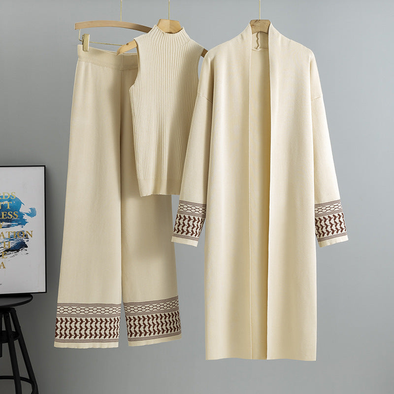 East Elegant Graceful Cardigan Robe Knitted Wide Leg Pants Three-piece Set
