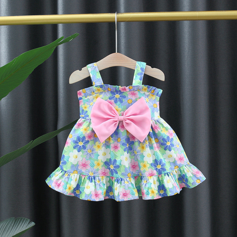 Robe à bretelles imprimée à gros nœud pour fille
