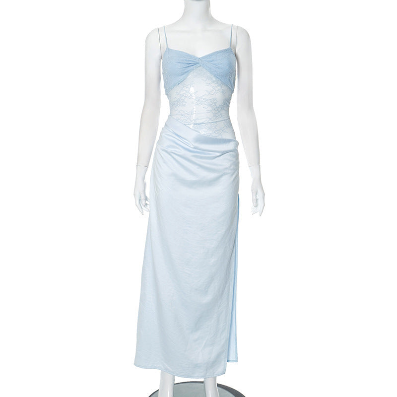 New Solid Color Lace Sleeveless Split Long Dress