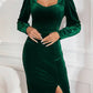 Split Bodycon Leg-of-mutton Sleeve Square Neck Casual Velvet Long Sleeve Dress