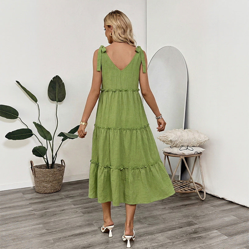 Resort-style Slip Dress With Tie Details In Solid-color Cotton And Linen