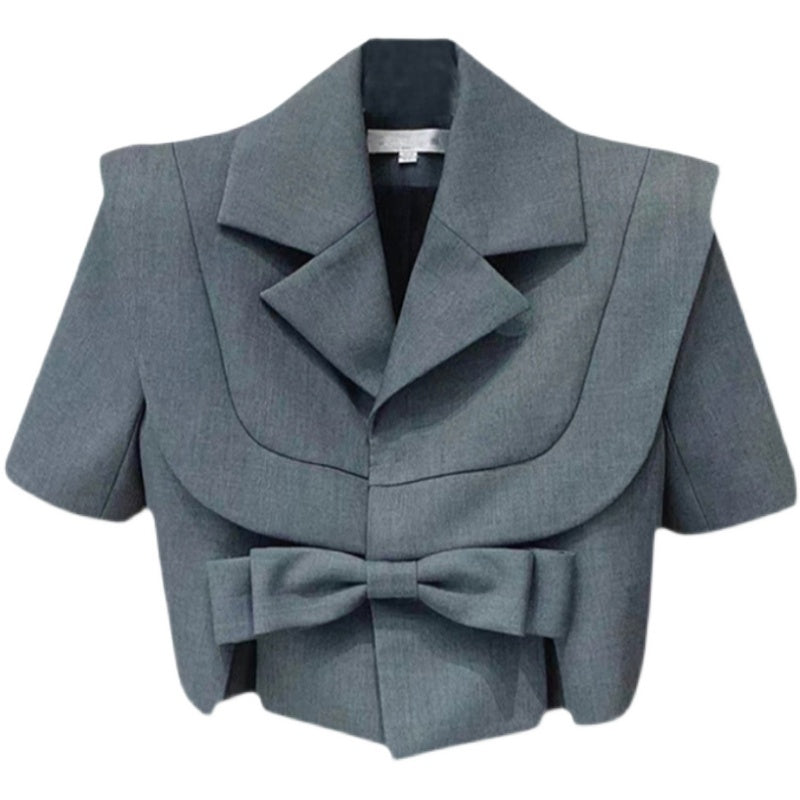 Fashion Temperament Short Design Sense Gray Bow Small Suit Jacket Women Suit Jacket