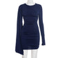 Womens Solid-Color One-Shoulder Flowy Strap Long-Sleeve Dress